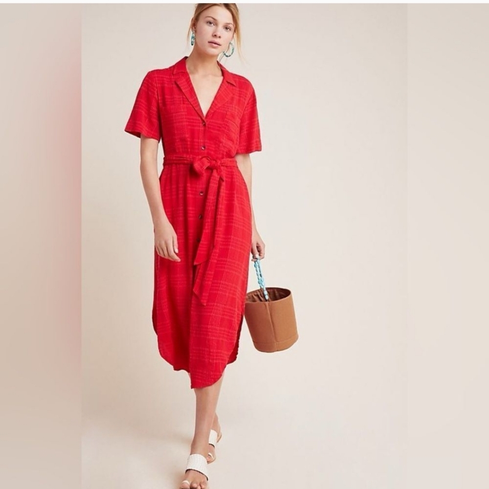 Anthropologie Maeve Aria Dress - Red Midi Shirtdress